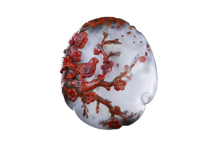 Superb Chinese Nanhong Agate Carved Plum Flower & Magpie Pendant