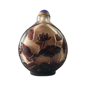 Chinese Peking Glass Low Relief Lotus Leaf & Lotus Flower & Long Life Turtle Design Snuff Bottle