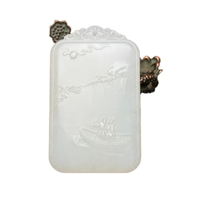 Chinese Hetian Jade Low Relief Mountain River Scene & Boat & Figure Pendant