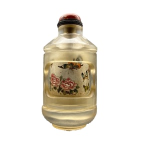 Old Chinese Peking Glass Inside Painting Butterfly & Flower Design Turn Heart Snuff Bottle w Stopper