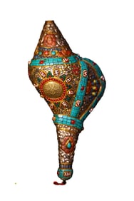 Old Tibetan Gilt Gold Copper Inlay DZI Agate & Shell & Turquoise & Gems Dharma-vessel Conch Statue