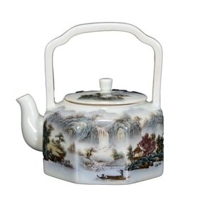 Chinese Famille Rose Mountain River Scene Design Porcelain Handle Teapot