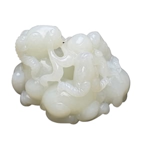 Superb Chinese White Hetian Jade Carved Three Sheep Statue