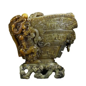 Superb Vintage Chinese Shoushan Stone Carved Chi Dragon Wine Cup Statue