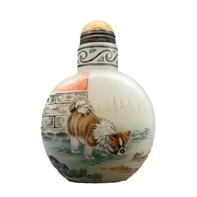 Chinese Famille Rose Peking Glass Dog Design Snuff Bottle