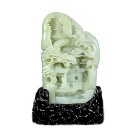 Superb Chinese Hetian Jade Carved Pine Tree & Figure Statue