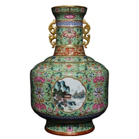 Chinese Qing Dynasty Gilt Edge Green Ground Famille Rose Mountain River Scene Design Porcelain Vase