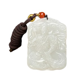 Chinese Hetian Jade Low Relief General Guangong Pendant