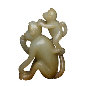 Chinese Hetian Jade Carved Double Monkey Pendant