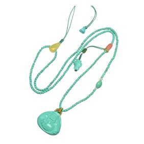 Exquisite Turquoise Carved Fortune Taoism Deity Pendant Hand Woven Beads Necklace