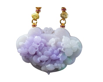 Exquisite Jadeite Carved Flower & Butterfly Pendant w Hand Carved Jadeite Beads Necklace
