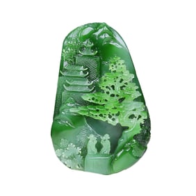 Superb Chinese Green Hetian Jade Carved Pine Tree & Figure Pendant