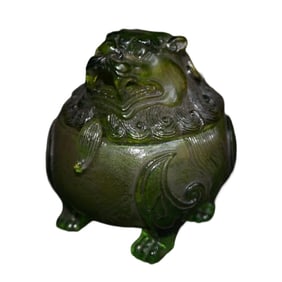 Old Chinese Green Peking Glass Carved Fortune Lion Incense Burner