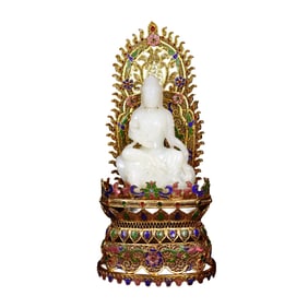 Exquisite Chinese Hetian Jade Carved Kwan-yin Statue w Gold Wires Enamel Inlay Gems Base