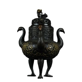 Vintage Chinese Gilt Gold Copper Crane Incense Burner