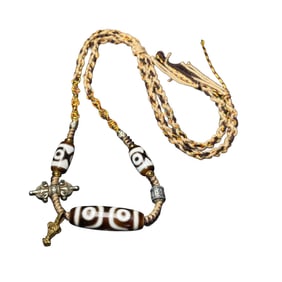 Old Tibetan 3 Eye DZI Agate Lucky Pendant w Hand Woven Necklace