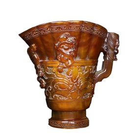 Vintage Ox Horn Carved Chi Dragon Sacrifice Wine Cup