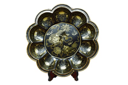 Chinese Gilt Gold Wooden-cored Lacquerware Fortune Lion Design Plate