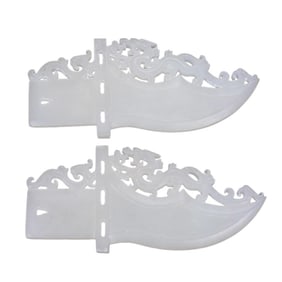 A Pair Superb Chinese White Hetian Jade Carved Fortune Dragon Sword Statues