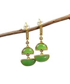 A Pair Beautiful Silver Plated Gilt Gold Inlay Green Hetian Jade Earring