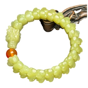 Hand Woven Chinese Hetian Jade Carved Fortune Dragon Beads Bracelet