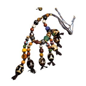 Old Tibetan Four Eye DZI Agate Lucky Pendant w Hand Woven Necklace