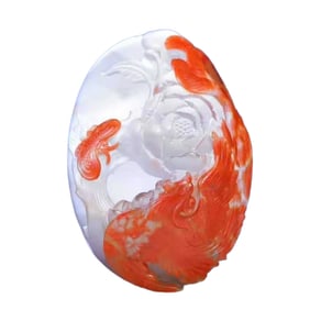 Chinese Nanhong Agate Carved Phoenix & Peony Pendant
