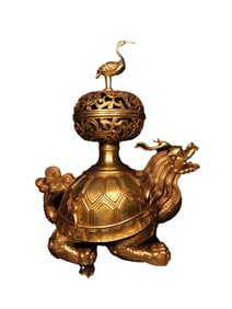 Vintage Chinese Gilt Gold Copper Dragon Turtle & Crane Incense Burner