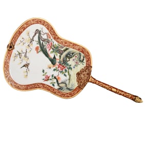 Chinese Qing Dynasty Gilt Edge Famille Rose Enamel Flowers Bird Design Porcelain Fan