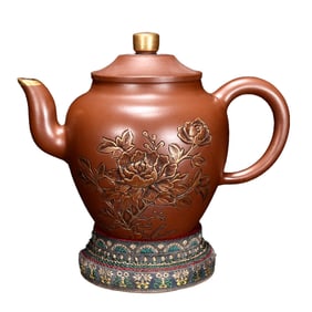 Antique Chinese Gilt Gold Yixing Zisha Low Relief Flowers Design Teapot