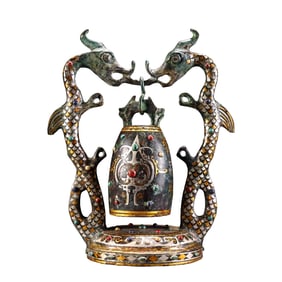 Vintage Chinese Gilt Gold Bronze Inlay Gems Double Dragon Bell