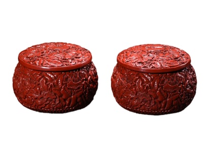 A Pair Chinese Red Lacquerware Low Relief Flowers Design Weiqi Pot
