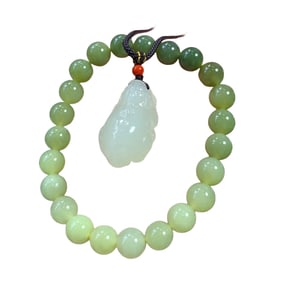 Hand Woven Chinese Hetian Jade Beads Bracelet & Hetian Jade Carved Fortune Pixiu Pendant