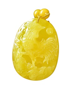 Beautiful Beeswax Carved Rooster Pendant w Hand Woven Nanhong Agate Beads Necklace