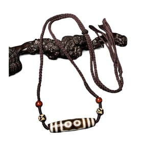 Old Tibetan 5 Eye DZI Agate Lucky Pendant w Hand Woven Necklace