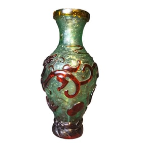 Vintage Chinese Green Peking Glass Low Relief Fotune Dragon Vase