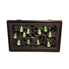 Vintage Chinese Zitan Wood Inlay Jade Carved Gourd Jewellery Box