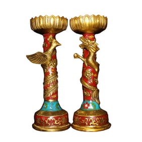 A Pair Chinese Gilt Gold Copper Cloisonne Dragon Peony Candlestick