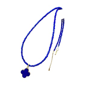 Beautiful Silver Plated Gilt Gold Inlay Lapis Lazuli Four-Leaf Clover Pendant