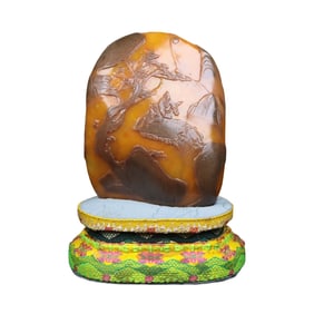 Chinese Black Skin Shoushan Stone Low Relief Pine Tree & Figure Seal
