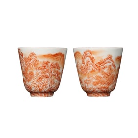 A Pair Chinese Iron Red Glaze Mountain River Scene Design Porcelain Cups