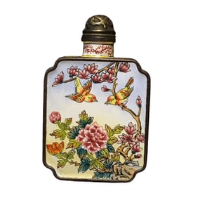 Vintage Chinese Copper Enamel Flowers Bird Design Snuff Bottle