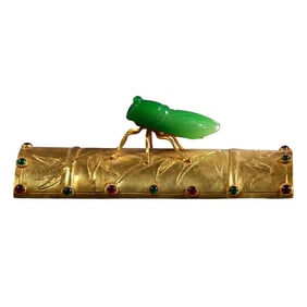 Vintage Chinese Gilt Gold Copper Inlay Green Jadeite Cicada Paperweight