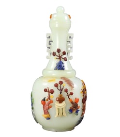 Superb Chinese Hetian Jade Inlay Shoushan Stone & Shell & Lapis Lazuli Vase