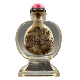 Old Chinese Peking Glass Inside Painting Mountain River Scene Design Snuff Bottle w Stopper