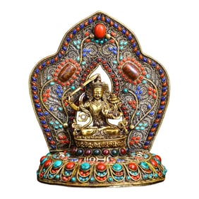 Tibetan Gilt Gold Copper Manjushri Bodhisattva Statue w Silver Wires Inlay Agate & Turquoise Base