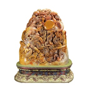 Superb Old Chinese Tianhuang Stone Carved Dragon Phoenix Seal Statue