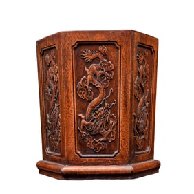 Vintage Chinese Huali Wood Low Relief Fortune Dragon Brush Pot