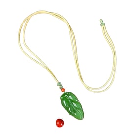 Superb Chinese Green Hetian Jade Carved Leaf Pendant