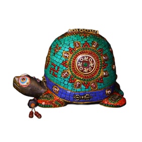 Vintage Meteorite Inlay Turquoise & DZI Agate Carved Long Life Turtle Statue
